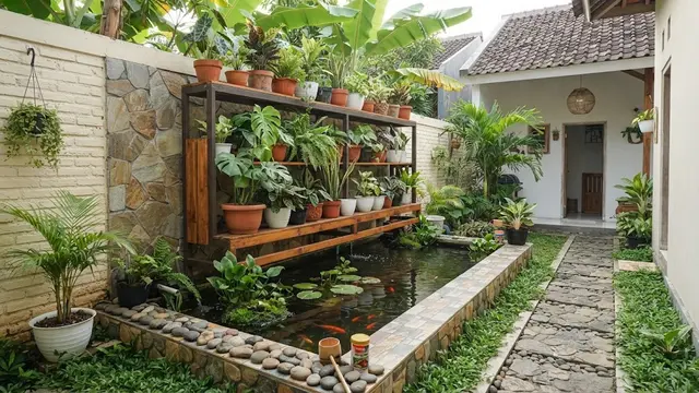 Kolam dengan Rak Tanaman di Belakangnya