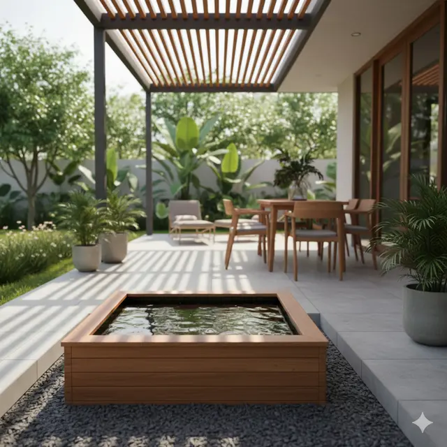 Kolam Ikan Mini Kayu di Teras Rumah