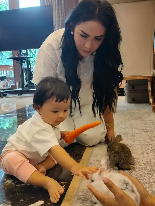 <p>Dalam video singkat, baby Ameena juga sudah mulai memegang kelinci yang dibawa oleh neneknya. Ia juga tampak menyodorkan wortel ditangannya ke kelinci. [Instagram/krisdayantilemos]</p>