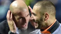 Zinedine Zidane (kiri) bersama Karim Benzema (kanan). (AFP/Javier Soriano)