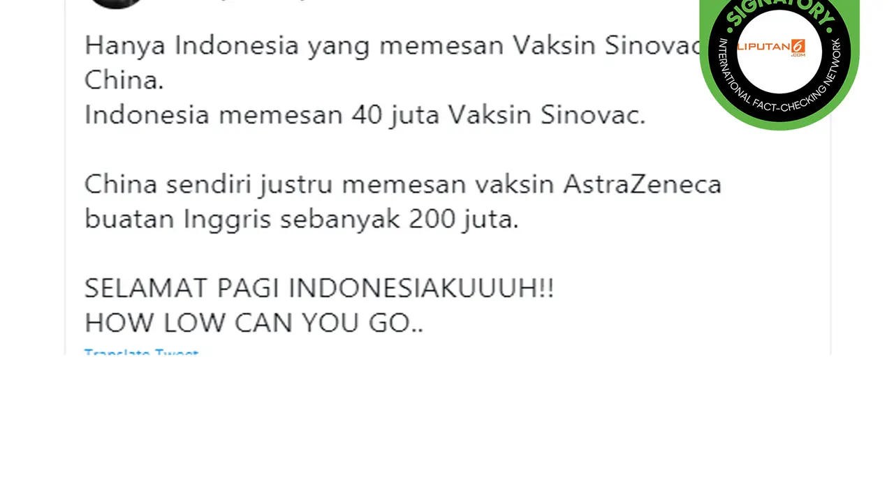 Tangkapan layar hanya Indonesia yang beli vaksin covid-19 buatan China.
