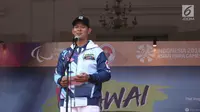 Ketua Umum INAPGOC Raja Sapta Oktohari memberikan sambutan saat pawai obor Asian Para Games 2018  di Balai Kota DKI Jakarta, Minggu (30/9). Asian Para Games  akan berlangsung 6-13 Oktober 2018 di Jakarta dan Palembang. (Liputan6.com/Herman Zakahria)