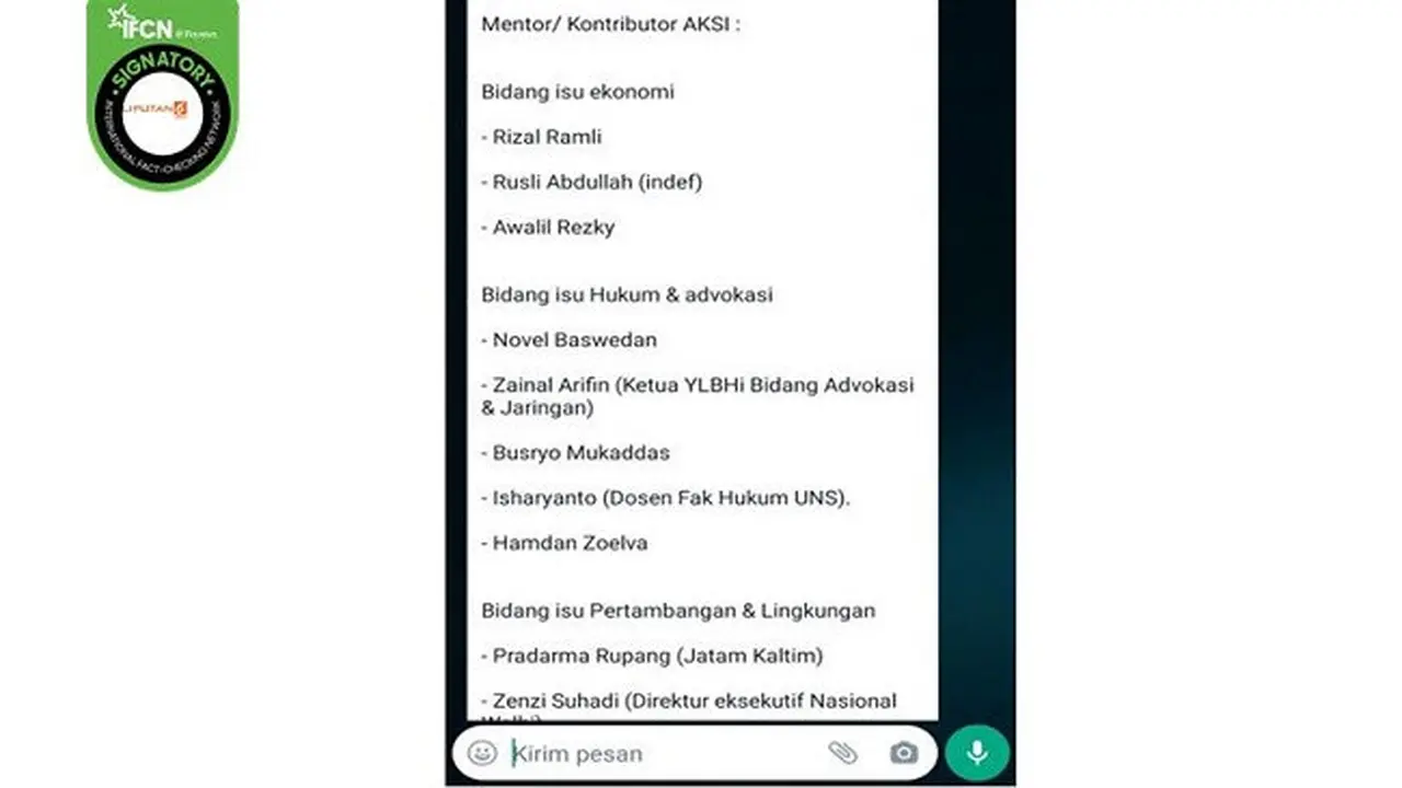 Gambar Tangkapan Layar Pesan Berantai Berisi Klaim Sejumlah Tokoh Jadi Mentor Demonstrasi 11 April 2022 (sumber: WhatsApp).