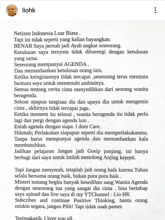 Unggahan Laurens. (Foto: Instagram @liohk)
