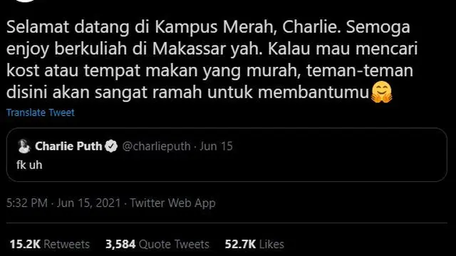 Unggahan akun Universitas Hasanuddin soal Charlie Puth. (Twitter/ WarnerMusicID)