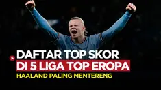 Berita motion grafis daftar pencetak gol terbanyak atau top skor di lima liga teratas Eropa. Salah satu yang mencuri perhatian adalah Erling Haaland menjadi top skor di musim pertamanya bersama Manchester City.