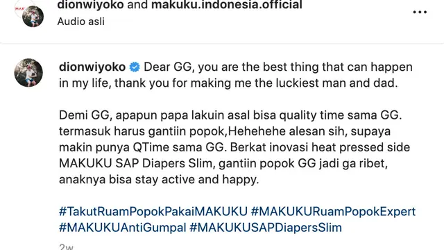 Cuitan Dion Wiyoko. (Foto: Dok. Instagram @dionwiyoko)