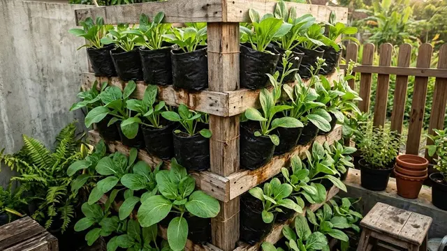 Ide Kebun Caisim Vertikal dari Rak Kayu Bekas