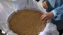 Para wanita membuat maftoul atau couscous di Khan Yunis, Jalur Gaza, Palestina, 10 Januari 2022. Menemukan maftoul di Palestina sama sekali tidak sulit. (SAID KHATIB/AFP)
