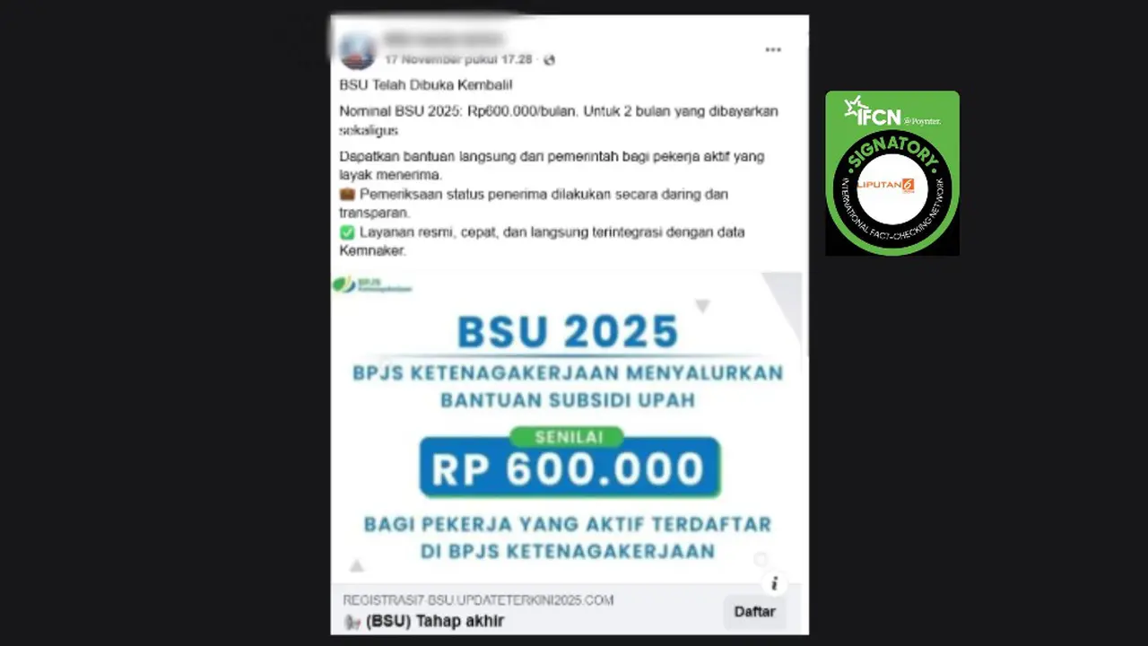Tangkapan layar klaim link pendaftaran BSU 2025 yang beredar di Facebook.