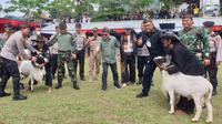 Kapolres Garut AKBP Wirdhanto Hadicaksono dan Danrem 062 Tarumanaga Kolonel Asep, tengah melepas secara simbolis dua ekor domba Garut kejuaraan Adu Ketangkasan Domba Garut Kapolres Cup 2022. (Liputan6.com/Jayadi Supriadin)