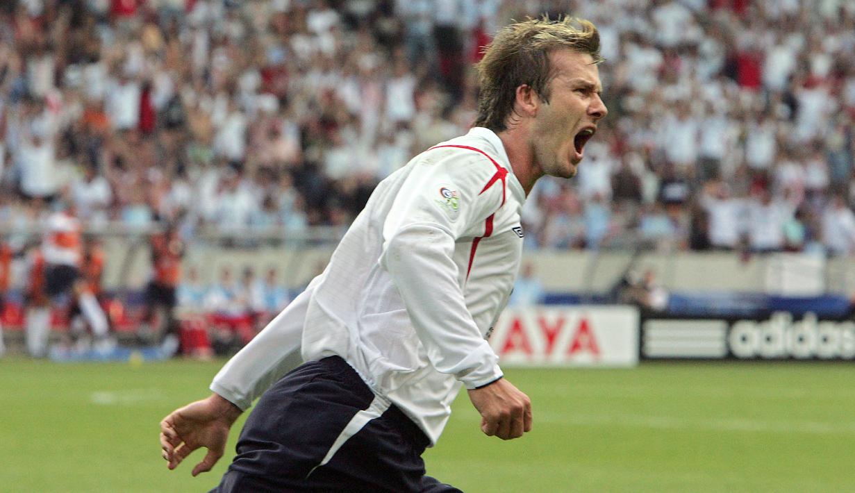 David Beckham mencetak gol terakhirnya di Piala Dunia bersama Timnas Inggris pada 2006 silam. (AFP/John Macdougall)