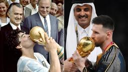Foto kombo memperlihatkan kapten tim Argentina Diego Armando Maradona (kiri) mencium trofi Piala Dunia yang diraih timnya setelah menang 3-2 atas Jerman Barat di Stadion Azteca di Mexico City (29/6/1986) dan kapten Argentina di Piala Dunia 2022, Lionel Messi (kanan) mencium trofi Piala Dunia setelah mengalahkan Prancis di Stadion Lusail, Doha (18/12/2022). (Foto-foto: AFP/Dominique Faget, Frank Fife)