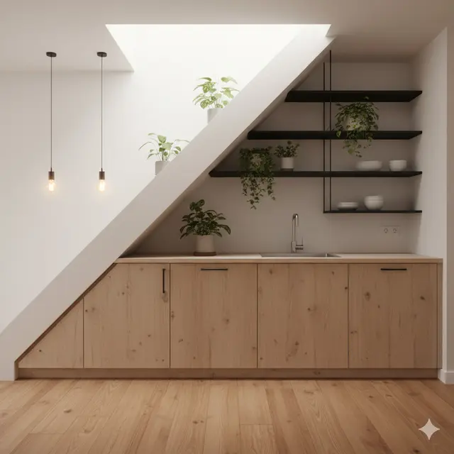 Dapur Bawah Tangga dengan Rak Besi dan Pencahayaan Natural 2025. Gemini