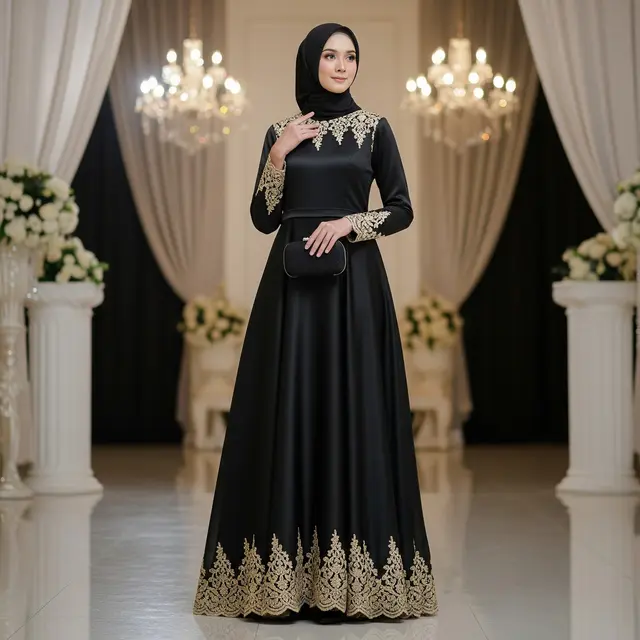 9 Model Gamis Hitam Simple Elegan Kombinasi Brokat Gold untuk Pesta Malam, Elegan