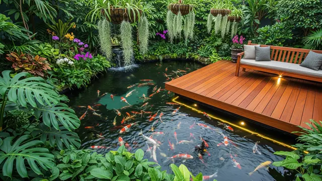 Kolam Ikan dengan Dek Kayu Pelindung dan Bangku Santai (Gemini AI)