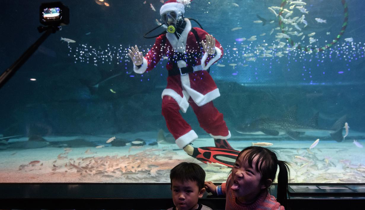Ekspresi anak-anak saat menyaksikan penyelam berpakaian Sinterklas tampil dalam pertunjukan bawah laut bertema Natal di Akuarium COEX, Seoul, Korea Selatan, Jumat (7/12). (Ed JONES/AFP)