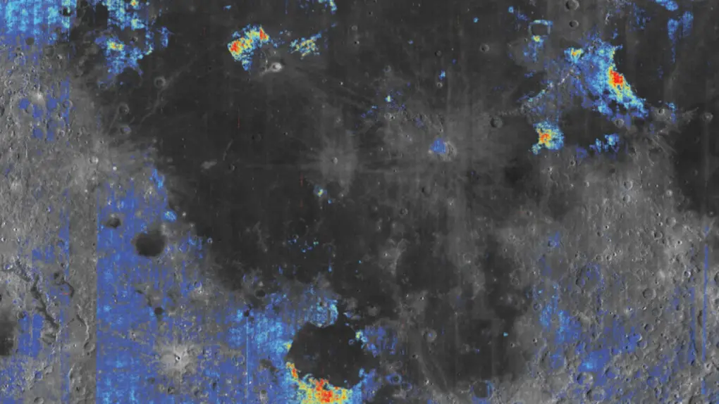 Warna kuning dan oranye menunjukkan kandungan air di Bulan yang melimpah. (Milliken lab/Brown University)