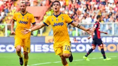 Selebrasi pemain Juventus, Paulo Dybala usai mencetak gol ke gawang Genoa pada lanjutan Serie A di Luigi Ferraris Stadium, Genoa (26/8/2017).  Juventus menang 4-2. (Simone Arveda/ANSA via AP)