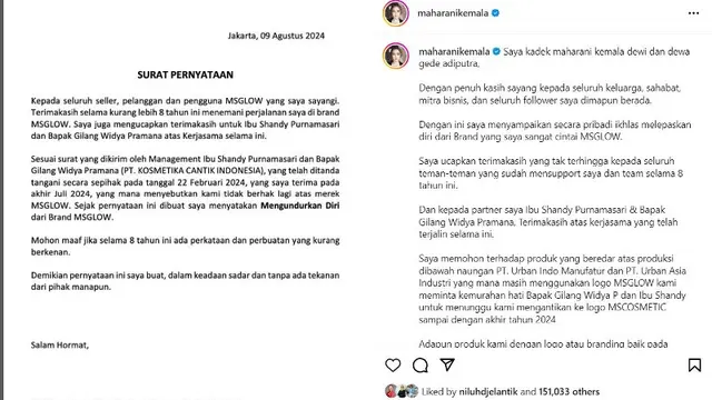 Maharani Kemala Mundur dari MS Glow Mnegaku karena Diputuskan Sepihak,
