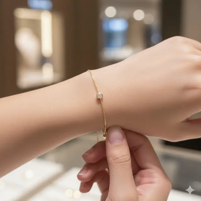 1. Gelang Rantai Cable Chain Tipis dengan Liontin Solitaire