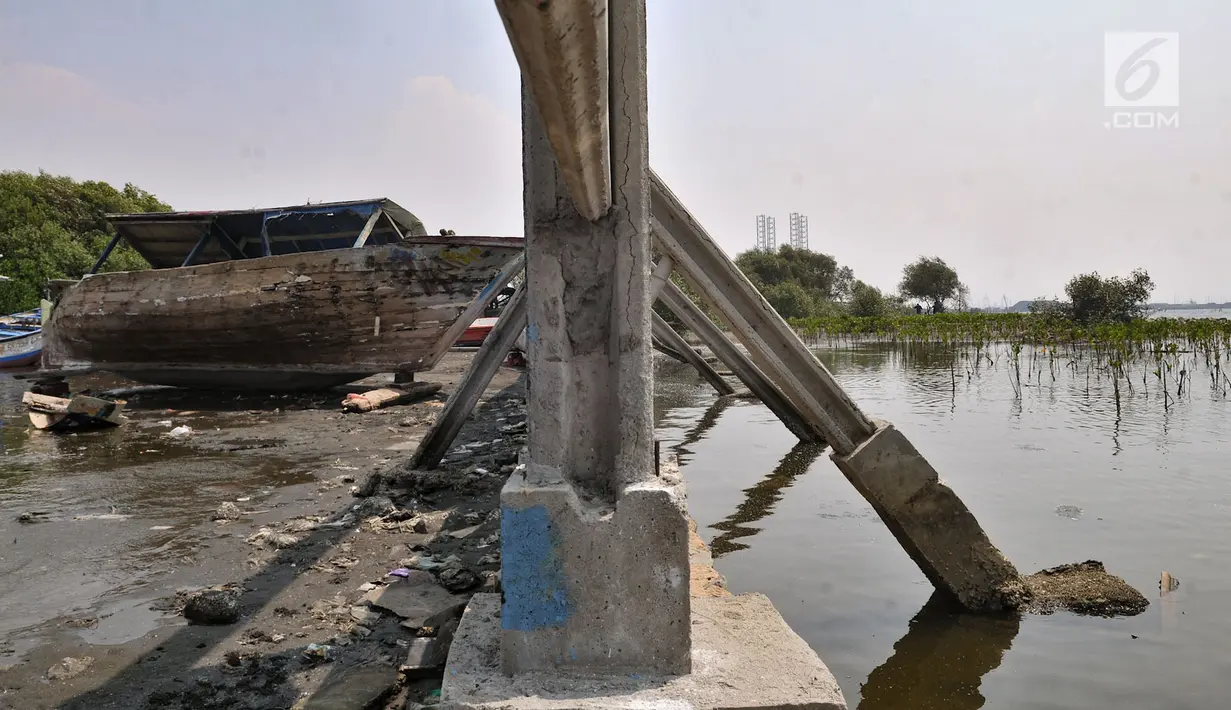 Kondisi tembok pembatas yang hancur akibat terkena ombak di pesisir Marunda, Jakarta, Selasa (27/8/2019). Data DLH DKI mencatat dari luas total hutan bakau di Jakarta yakni 430 hektare, sebesar 30 persen atau sekitar 129 hektare masih harus dilakukan rehabilitasi. (merdeka.com/Iqbal S. Nugroho)