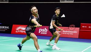 Pasangan ganda putra Fajar Alfian/Muhammad Shohibul Fikri (Fajar/Fikri) saat beraksi di Singapore Open 2026. (Dok. PBSI)