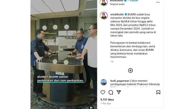Tangkapan layar akun instagram Menteri BUMN Erick Thohir @erickthohir, dikutip Sabtu (29/6/2024). (Arief/Liputan6.com)