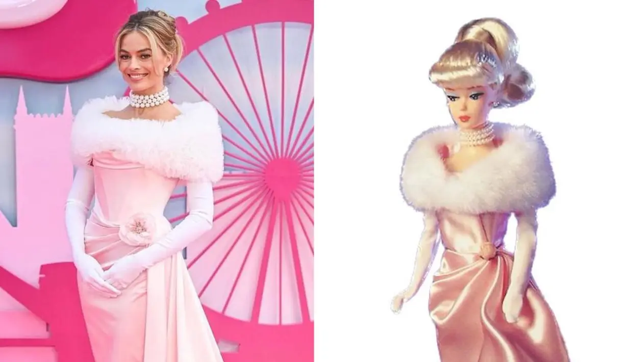 Saat premiere di London, Margot Robbie tampil dalam balutan gaun kustom Vivienne Westwood yang terinspirasi oleh boneka Barbie "Enchanted Evening" tahun 1960.