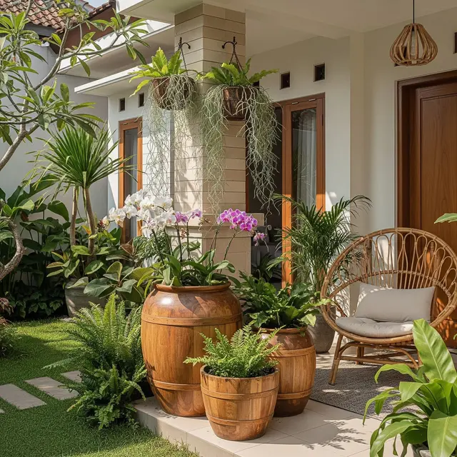 9 Model Teras Rumah Minimalis Ala Taman Tropis dengan Pot Besar, Kesejukan Alami