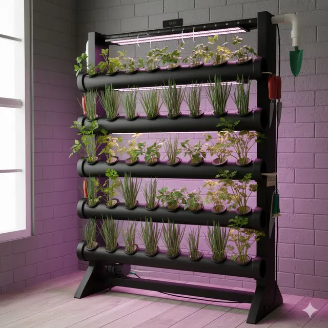 Rak Hidroponik Bertingkat dengan Grow Light (Gemini AI)