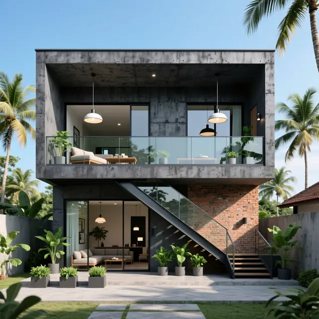 Inspirasi Rumah Gaya Industrial 2 Lantai dengan Balkon. Gemini
