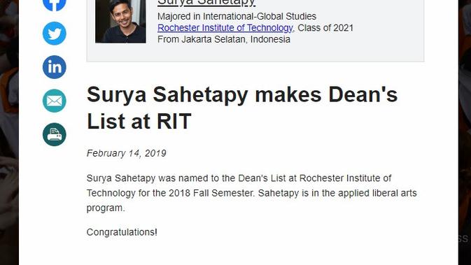 Surya Sahetapy masuk daftar Dean's List RIT. (//rit.meritpages.com/)