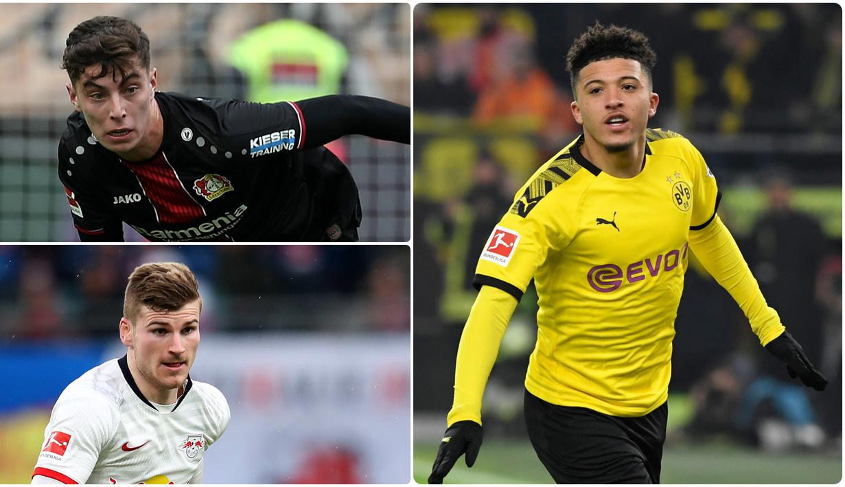 Jadon Sancho menjadi salah satu pemain Bundesliga dengan harga pasar termahal jika ingin dibeli oleh klub lain pada saat ini. Pemain berusia 20 tahun ini memiliki value harga mencapai 117 juta euro. Berikut Jadon Sancho dan 5 pemain termahal di Bundesliga. (kolase foto AFP)