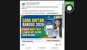 Tangkapan layar klaim link pendaftaran bantuan sosial (bansos) 2026 yang beredar di Facebook. Cek faktanya