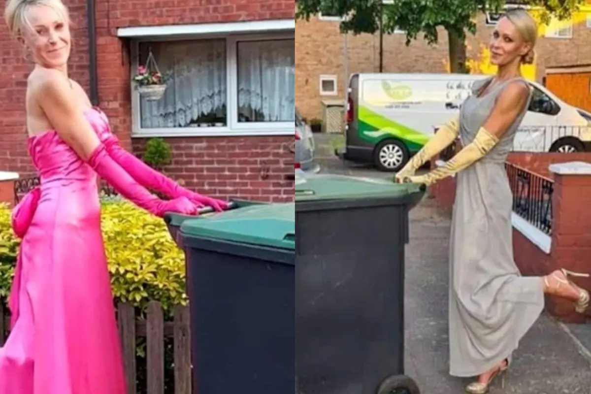 Seorang ibu pakai rok mewah saat membuang sampah.