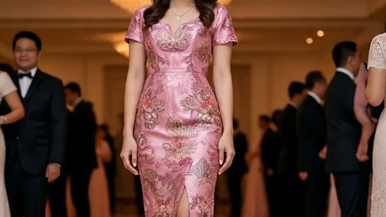 Ilustrasi Model Dress Batik Belahan Depan (Sumber Gambar: Meta AI)