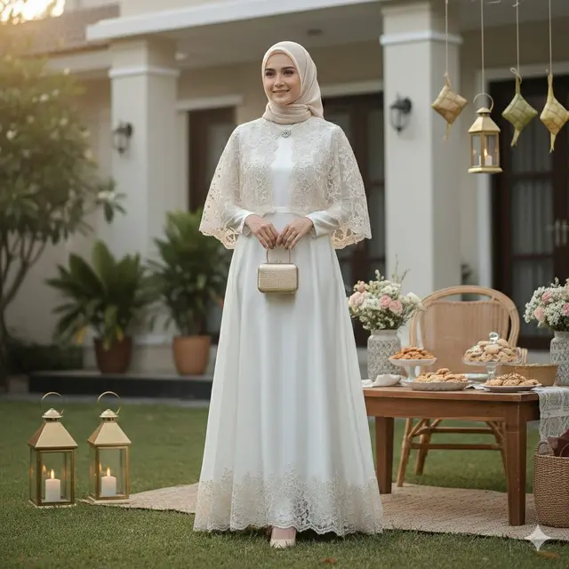 Gamis Kombinasi Brokat Model Cape (Gemini AI)