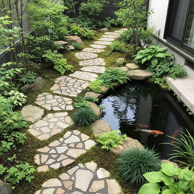 Ide Taman Mungil di Samping Kolam Ikan (AI Generated)