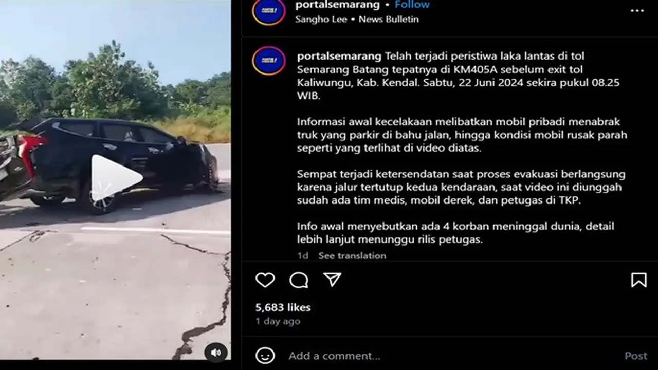 Kecelakaan terjadi di KM 405 Tol Semarang-Batang, Kabupaten Kendal, Jawa Tengah pada Sabtu 23 Juni 2024. Mobil Mitsubishi Pajero menabrak truk yang sedang berhenti di bahu jalan. Akibatnya empat orang meninggal dunia. (Instagram @portalsemarang)