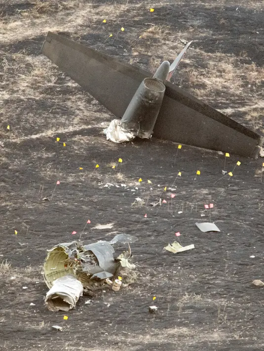Bagian ekor dari pesawat mata-mata Amerika Serikat U-2 "Dragon Lady" yang jatuh ketika menjalani sesi latihan di Sutter, California, Selasa (20/9). Kedua pilot berhasil melontarkan diri dari pesawat , namun satu di antaranya tewas. (JOSH Edelson/AFP)