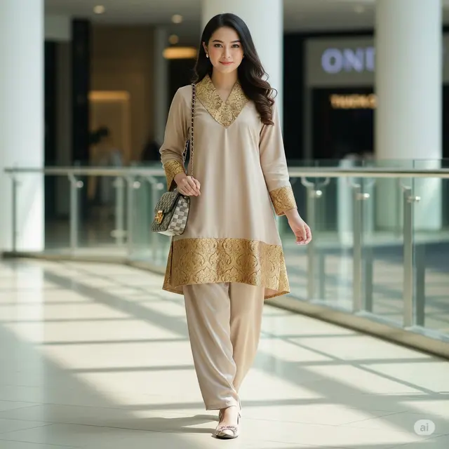 Contoh Model Brokat Dress Kombinasi Satin Tunik Brokat + Celana Panjang Satin. Foto: Gemini