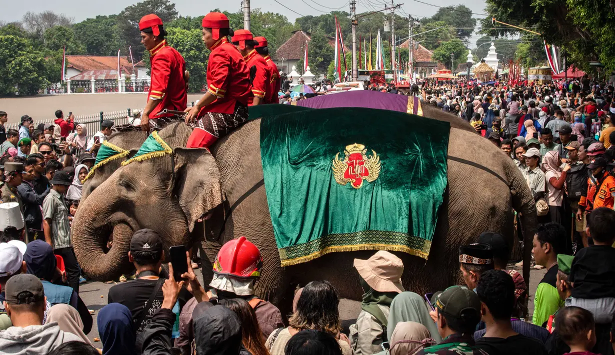 Ribuan warga dan wisatawan tumpah ruah memadati kawasan Masjid Agung Solo untuk menyaksikan prosesi kirab dua gunungan yang menjadi ikon perayaan. (DEVI RAHMAN/AFP)