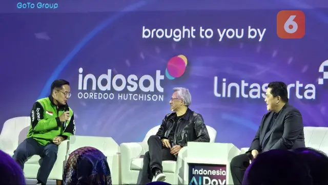 CEO NVIDIA Jensen Huang bersama CEO GOTO Patrick Walujo dan Menteri BUMN Erick Thohir di acara Indonesia AI Day 2024. Liputan6.com/Agustin Setyo Wardani
