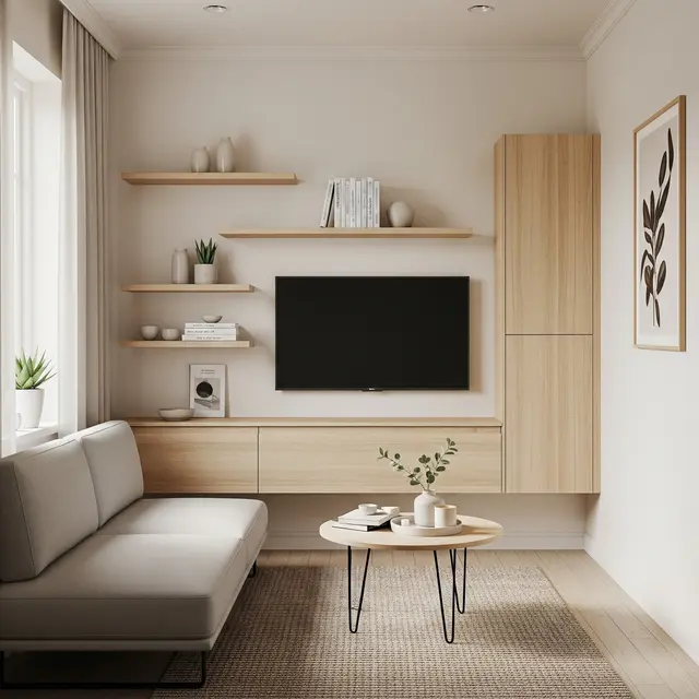 Layout Ruang Tamu Sempit dengan Rak TV Tempel dan Lemari Tipis