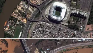 Kombinasi gambar yang dirilis oleh Maxar Technologies ini menunjukkan pemandangan sebelum dan sesudah banjir di sekitar Gremio Arena, Porto Alegre, Brasil, 7 Mei 2024. (Satellite image ©2024 Maxar Technologies via AP)