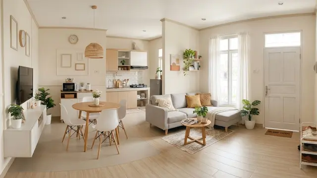 Rumah kecil dengan ruang tamu dan ruang makan menyatu sehingga terlihat elegan untuk hunian KPR dan subsidi model ruang tamu di depan rumah