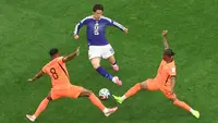 Namun, hanya berselang tujuh menit, Jepang mampu mencetak gol balasan yang membuat kedudukan menjadi imbang 1-1. Keito Nakamura menjadi pencetak gol bagi Jepang setelah menerima umpan dari Takefusa Kubo. (AP Photo/Sam Hodde)