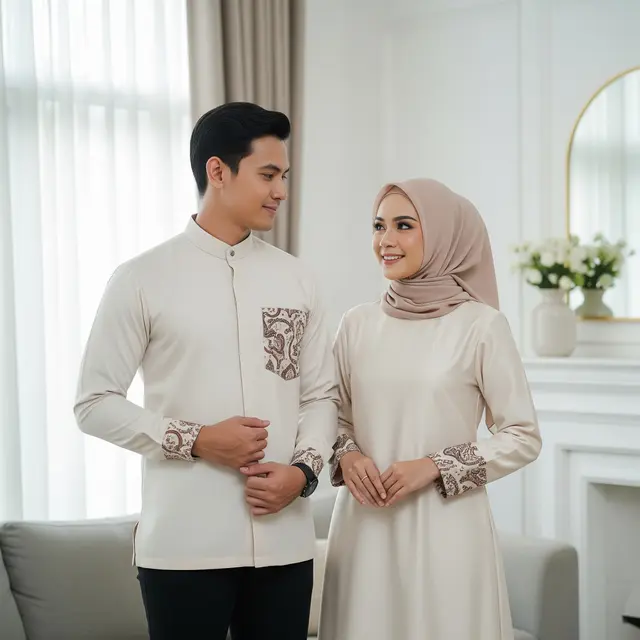 Pasangan pakai baju lebaran Aksen Batik di Detail Kecil (Gemini AI)