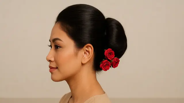 Model Rambut Sanggul Sederhana dengan Aksen Bunga untuk Rayakan 17 Agustus 2025 Kemerdekaan HUT RI ke-80/Ilustrasi AI